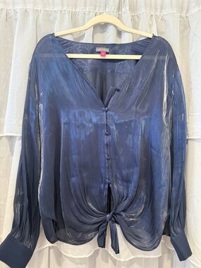 Vince Camuto Shimmery Navy Tie-Front Button Blouse